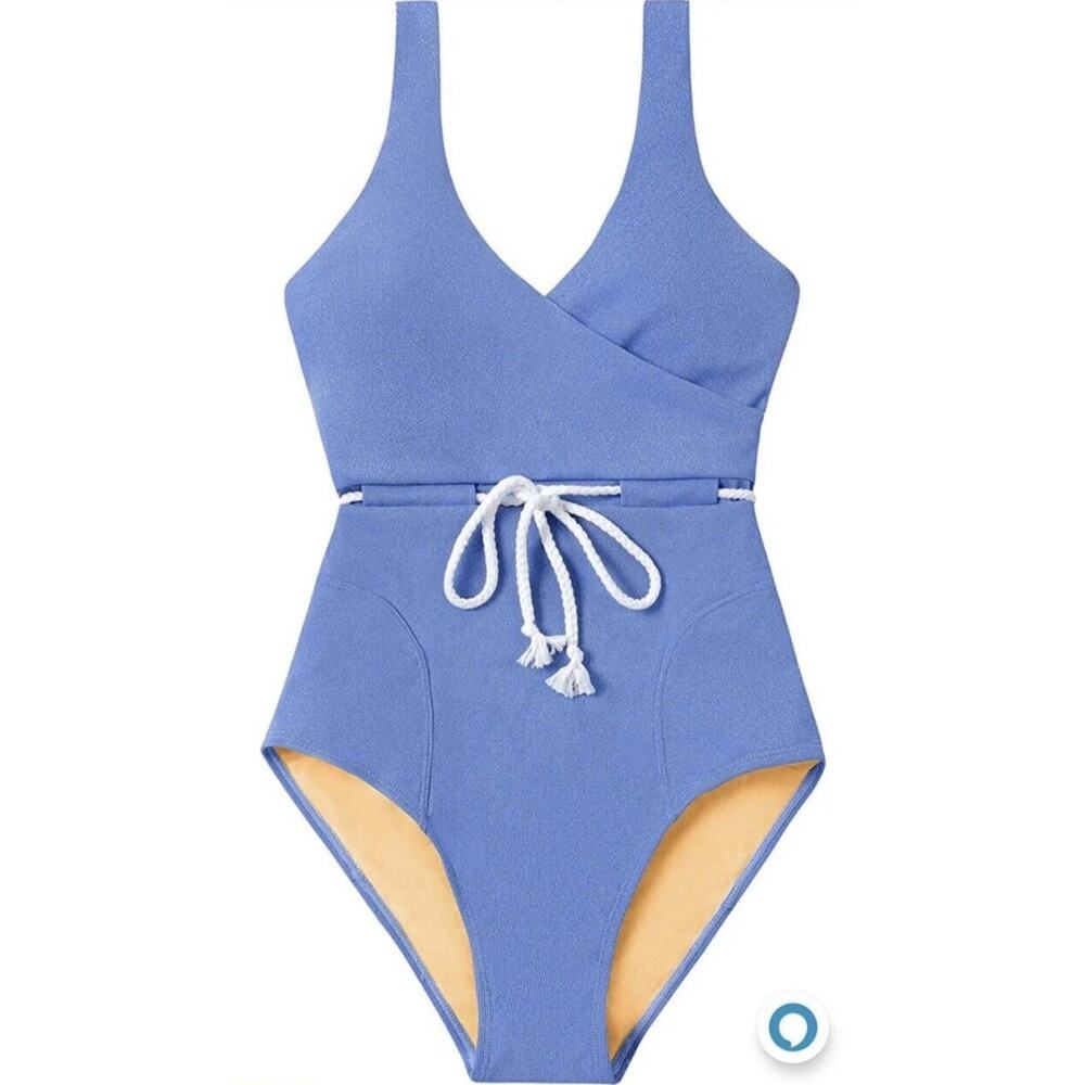 MOLYBELL 1 Piece Woman's High Cut Low Back Shimmer Swimsuit Blue Sz Small